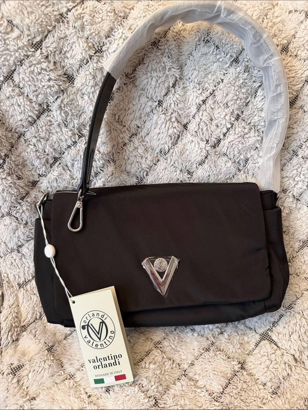 Valentino Orlandi Black Shoulder Bag with Silver V-Logo